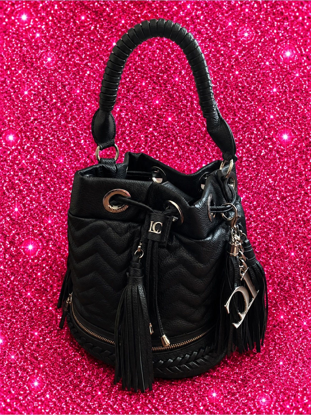 Black Quilted Bucket Shoulder Bag with Tassels
